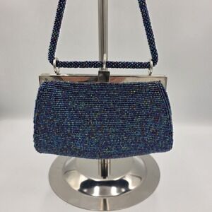 Vtg La Regale Blue Beaded & Beaded Strap Purse Formal Bag Evening Cocktail Small